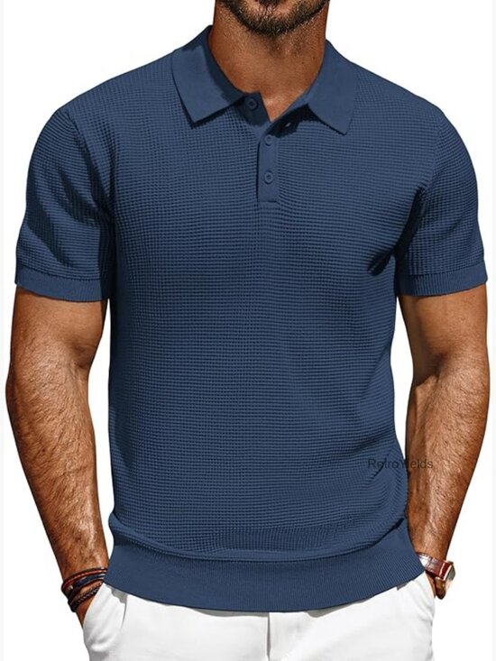 Other - Men's Waffle Texture Short Sleeve Knit Polo Shirt Classic 3-Button